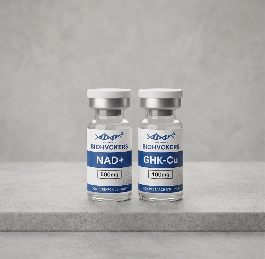 Biohvckers NAD+ 500mg and GHK-Cu 100mg research compounds — science-backed biohacking supplements for cellular health and longevity